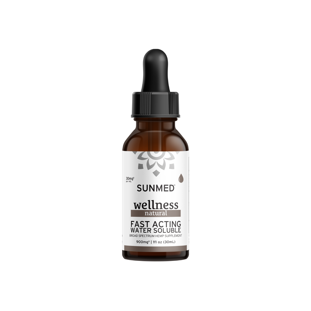 A brown glass bottle of Sunmed CBD Broad Spectrum Wellness CBD Water Soluble featuring a dropper and a white label.