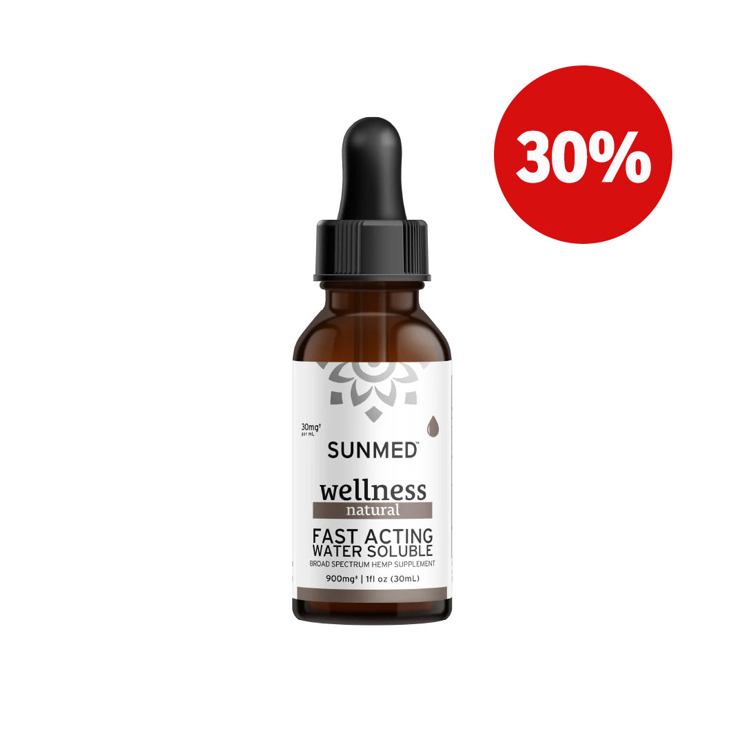 Sunmed CBD's Broad Spectrum Wellness CBD Water Soluble, offering quick relaxation and natural relief, is now available at a 30% discount in a red circle.