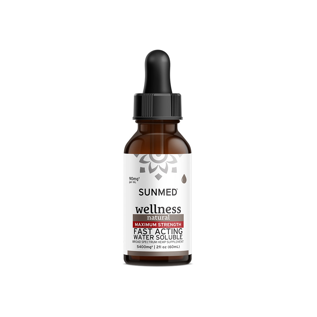 A brown dropper bottle labeled "Sunmed CBD Max Strength Broad Spectrum Wellness CBD Water Soluble, 60ml," offering broad spectrum support for enhanced wellness.