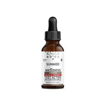 A brown dropper bottle labeled "Sunmed CBD Max Strength Broad Spectrum Wellness CBD Water Soluble, 60ml," offering broad spectrum support for enhanced wellness.