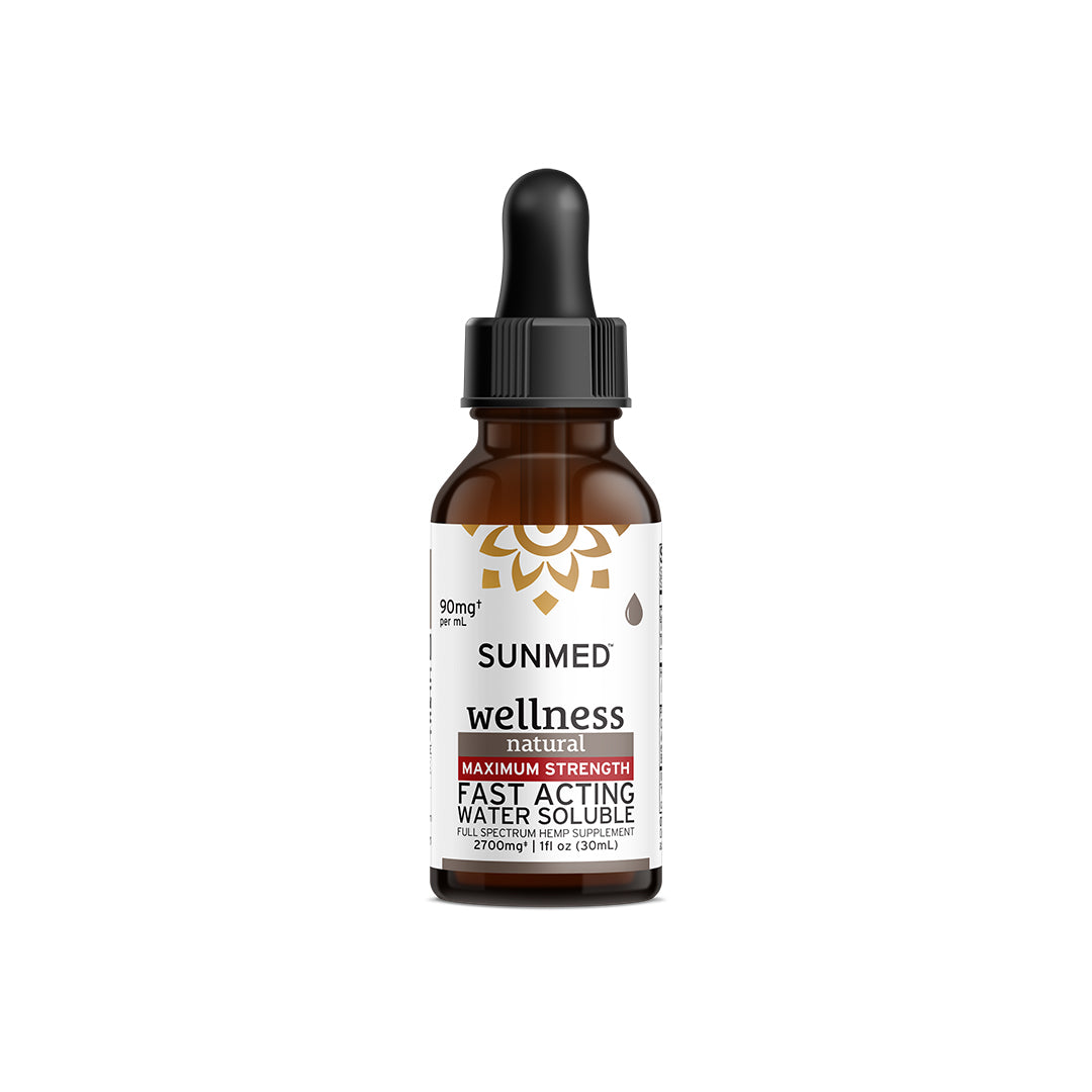 A brown dropper bottle labeled "Sunmed CBD" contains the Full Spectrum Wellness CBD Water Soluble, a subscription-only, maximum strength, fast-acting formula made from premium hemp extract.