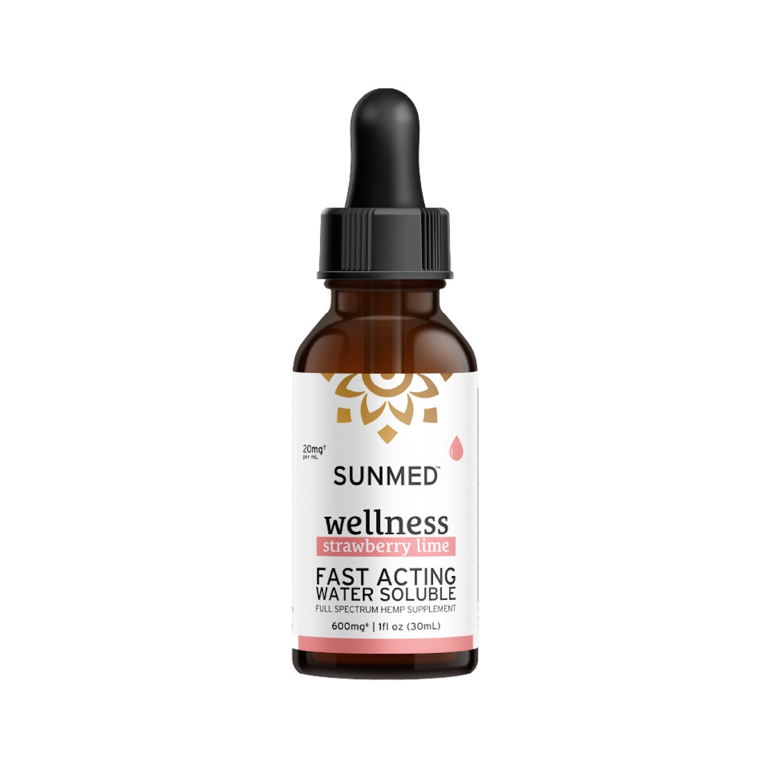 A brown glass dropper bottle labeled "Sunmed CBD Full Spectrum Wellness CBD Water Soluble" on a white background, featuring a full spectrum formula with organic hemp for enhanced wellness.