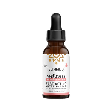 A brown glass dropper bottle labeled "Sunmed CBD Full Spectrum Wellness CBD Water Soluble" on a white background, featuring a full spectrum formula with organic hemp for enhanced wellness.