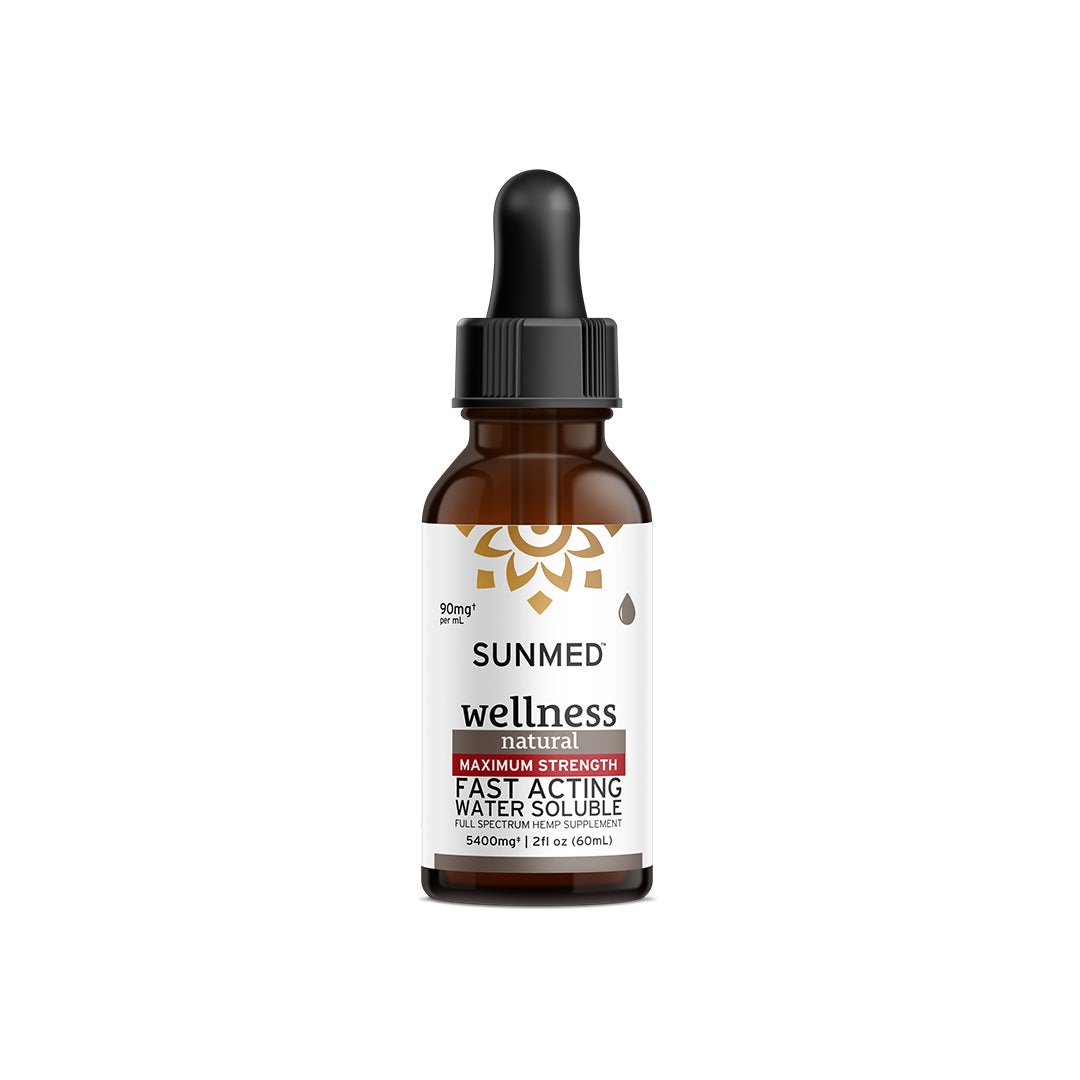 A brown glass dropper bottle labeled "Sunmed CBD Max Strength Full Spectrum Wellness CBD Water Soluble" offers full spectrum benefits for enhanced results.
