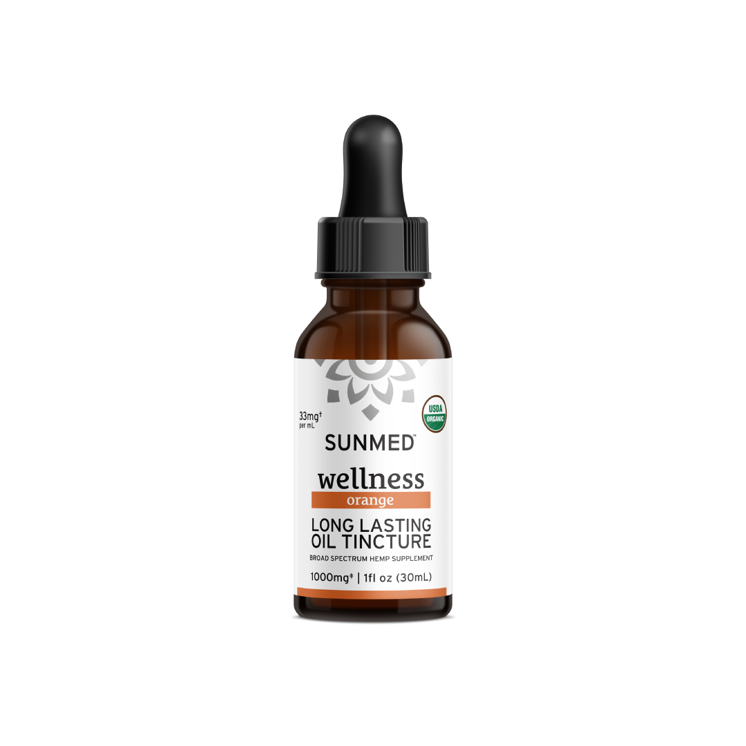 A 30mL bottle of Sunmed CBD's Organic Broad Spectrum CBD Tincture in an orange flavor, crafted using organic practices, featuring a potent 1000mg supplement and a convenient dropper cap.