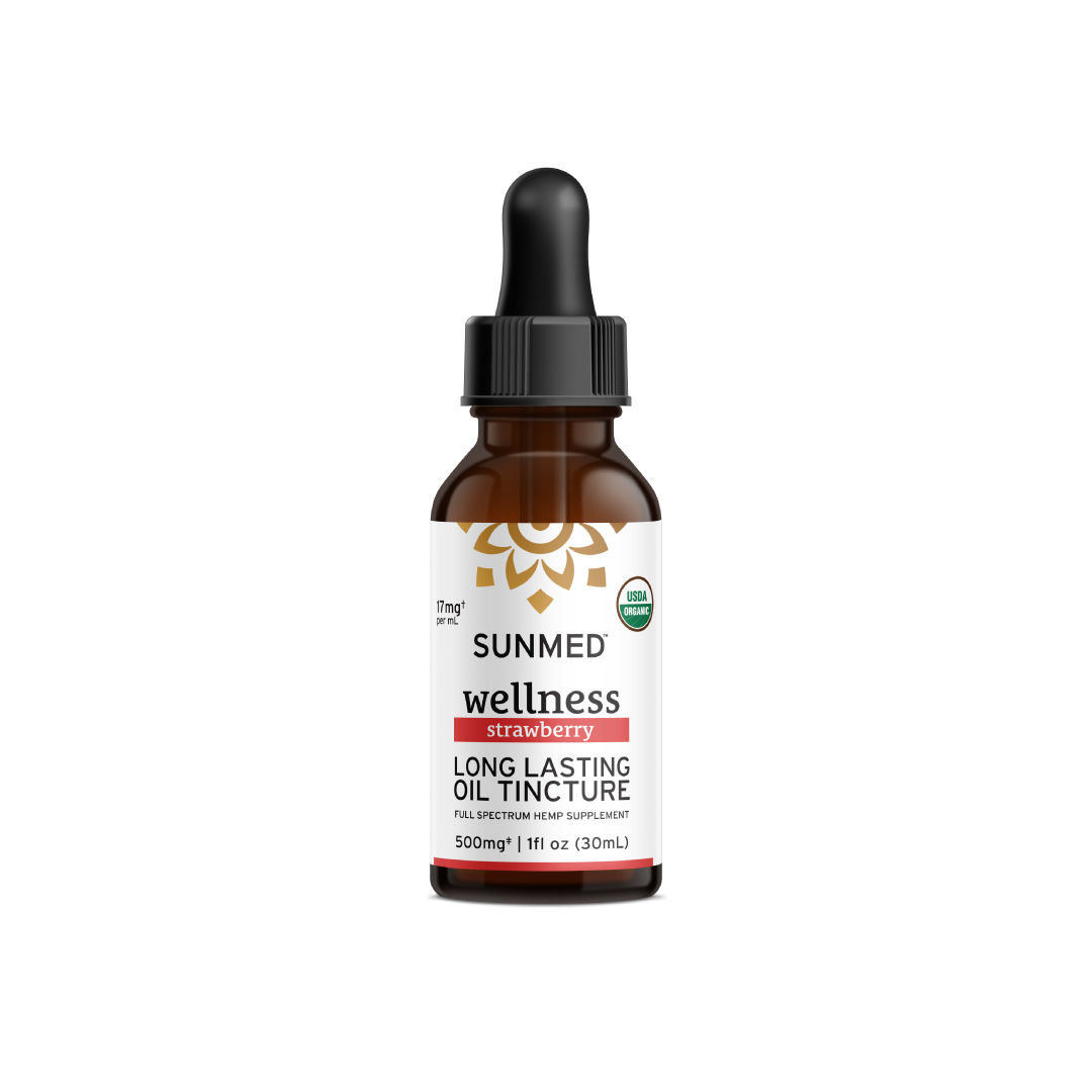 A bottle of Sunmed CBD Organic Full Spectrum CBD Tincture, strawberry flavor with a PowerTERP™ blend, 500mg, featuring a dropper lid.