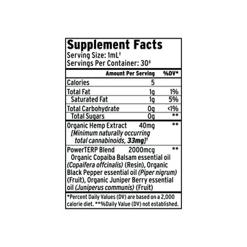 Supplement Facts label displaying serving size, calories, and ingredients for Sunmed CBD Organic Full Spectrum CBD Tincture—including organic hemp extract and a distinctive blend of essential oils with our unique PowerTERP™ formula of hemp-derived cannabinoids.
