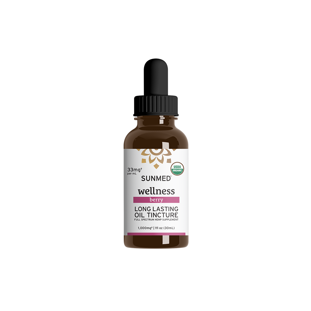 A brown glass dropper bottle labeled “Sunmed CBD Organic Full Spectrum CBD Tincture, Berry, 1000mg,” featuring a PowerTERP™ blend of hemp-derived cannabinoids for a long-lasting experience.