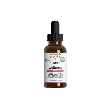 A brown glass dropper bottle labeled “Sunmed CBD Organic Full Spectrum CBD Tincture, Berry, 1000mg,” featuring a PowerTERP™ blend of hemp-derived cannabinoids for a long-lasting experience.