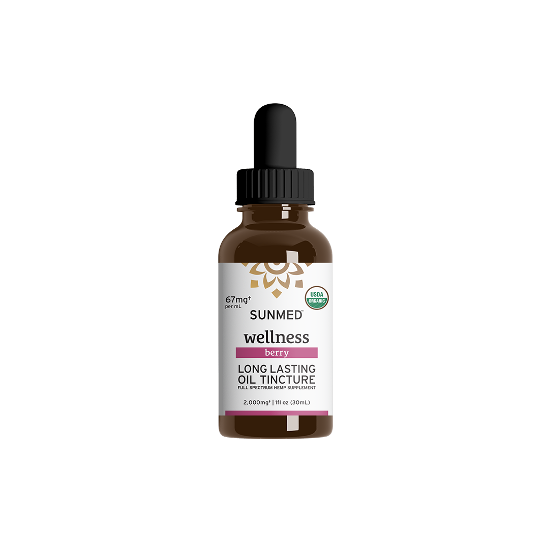 A brown glass bottle of Sunmed CBD Organic Full Spectrum CBD Tincture with a black dropper cap, infused with our signature PowerTERP™ blend of hemp-derived cannabinoids.