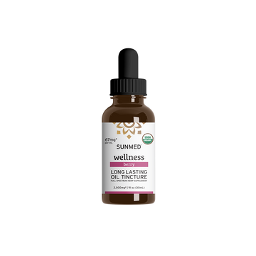 A brown glass bottle of Sunmed CBD Organic Full Spectrum CBD Tincture with a black dropper cap, infused with our signature PowerTERP™ blend of hemp-derived cannabinoids.