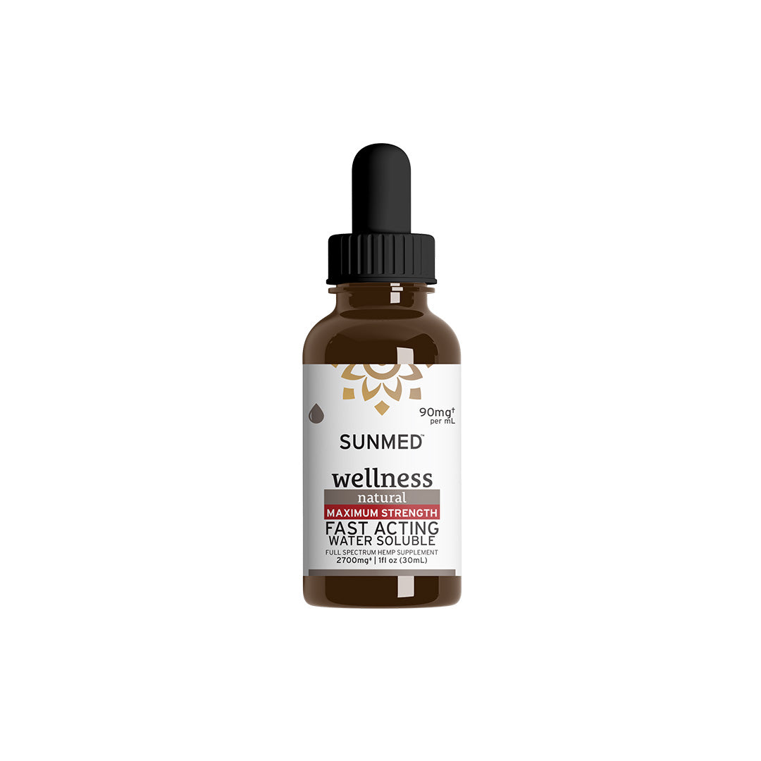 A brown dropper bottle labeled "Sunmed CBD Full Spectrum Wellness CBD Water Soluble," offering full spectrum, water soluble formulation for improved absorption and overall wellness support.
