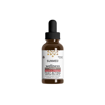 A brown dropper bottle labeled "Sunmed CBD Full Spectrum Wellness CBD Water Soluble," offering full spectrum, water soluble formulation for improved absorption and overall wellness support.