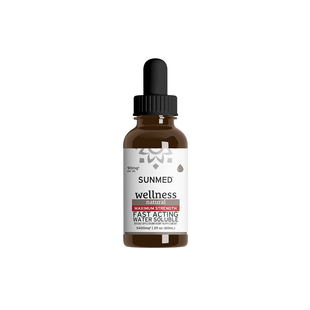 A brown bottle of Sunmed CBD Broad Spectrum Wellness CBD Water Soluble with a dropper cap rests on a white background, delivering premium broad spectrum hemp extract for fast-acting relief.