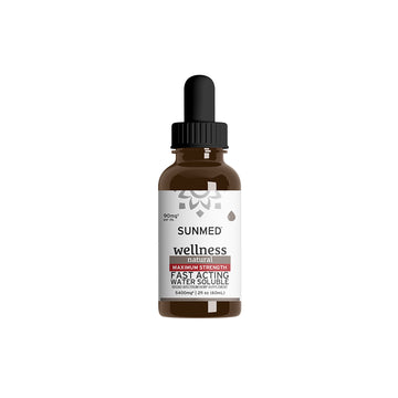 A brown bottle of Sunmed CBD Broad Spectrum Wellness CBD Water Soluble with a dropper cap rests on a white background, delivering premium broad spectrum hemp extract for fast-acting relief.