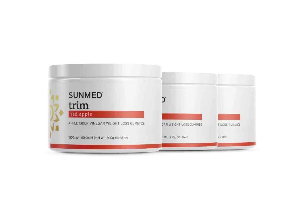 Three Sunmed CBD *30% Off* - Full Profile Trim Gummies 3-Pack containers displayed in a row on a white background.