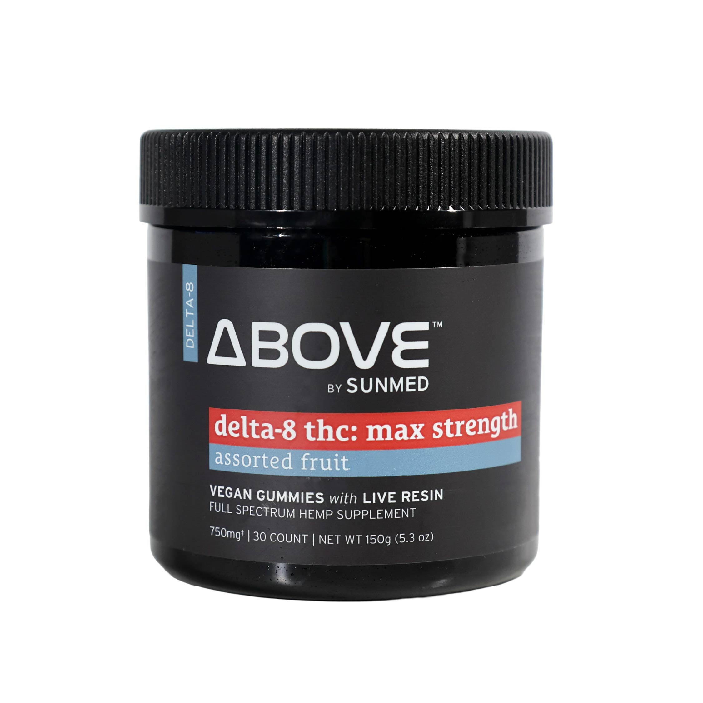 Black container labeled "Sunmed CBD Above Delta-8 Live Resin Gummies," featuring hemp-derived delta-8 THC for a premium edibles experience.