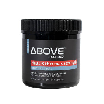 Black container labeled "Sunmed CBD Above Delta-8 Live Resin Gummies," featuring hemp-derived delta-8 THC for a premium edibles experience.