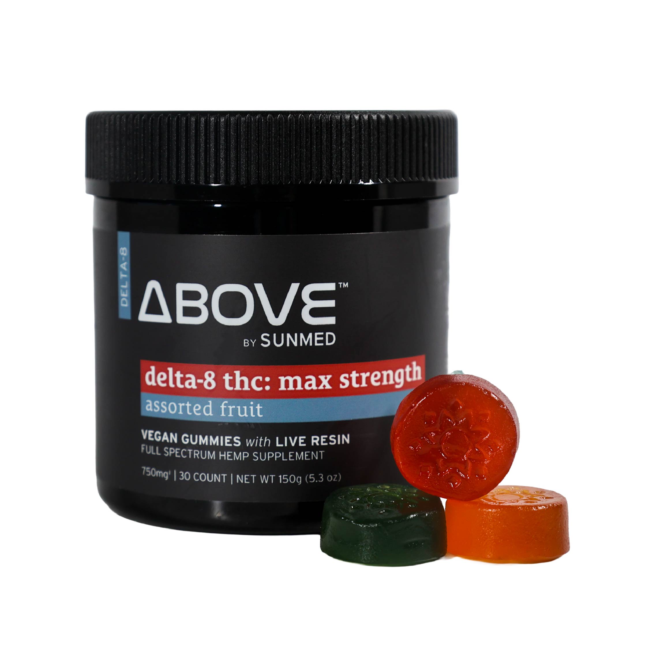 A black jar labeled "Sunmed CBD Above Delta-8 Live Resin Gummies" with three colorful Delta-8 gummies in front.