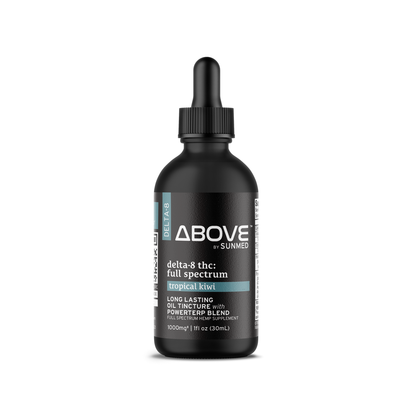 A black dropper bottle labeled "Sunmed CBD Above Delta-8 Full Spectrum CBD Hemp Oil Tincture.