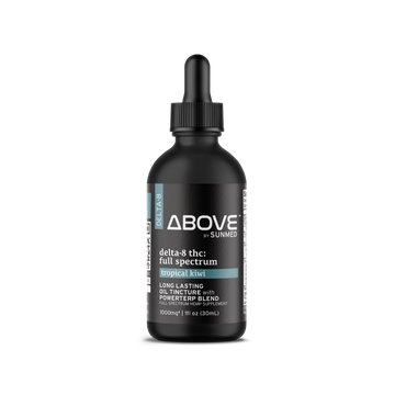 A black dropper bottle labeled "Sunmed CBD Above Delta-8 Full Spectrum CBD Hemp Oil Tincture.
