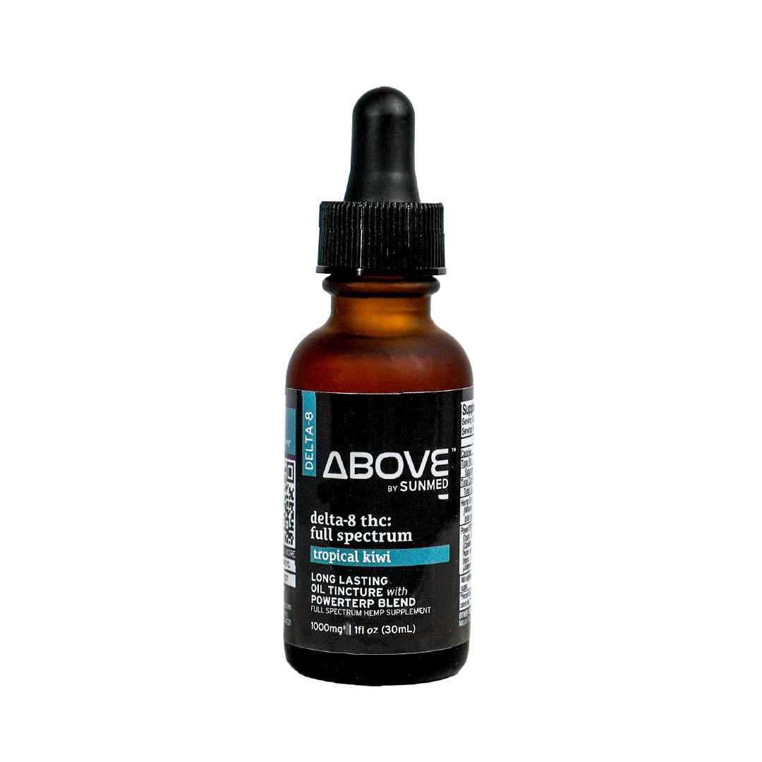 A 30ml dropper bottle of Above Delta-8 Full Spectrum CBD Hemp Oil Tincture by Sunmed CBD, offering full spectrum relaxation with a tropical kiwi flavor.
