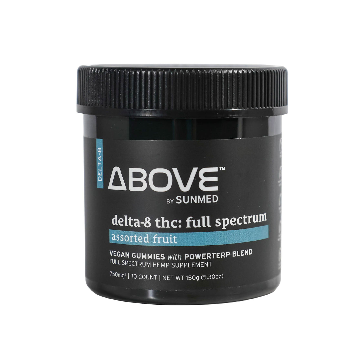 A black jar labeled "Above Delta-8 Full Spectrum Blend Gummies" by Sunmed CBD, featuring premium full spectrum Delta-8 gummies.