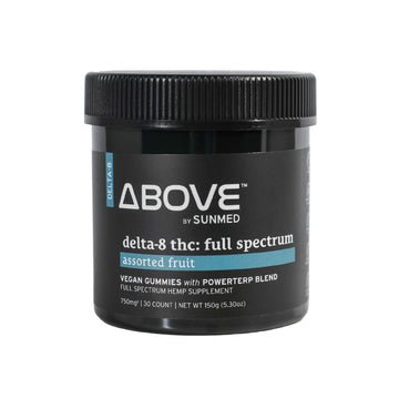 A black jar labeled "Above Delta-8 Full Spectrum Blend Gummies" by Sunmed CBD, featuring premium full spectrum Delta-8 gummies.