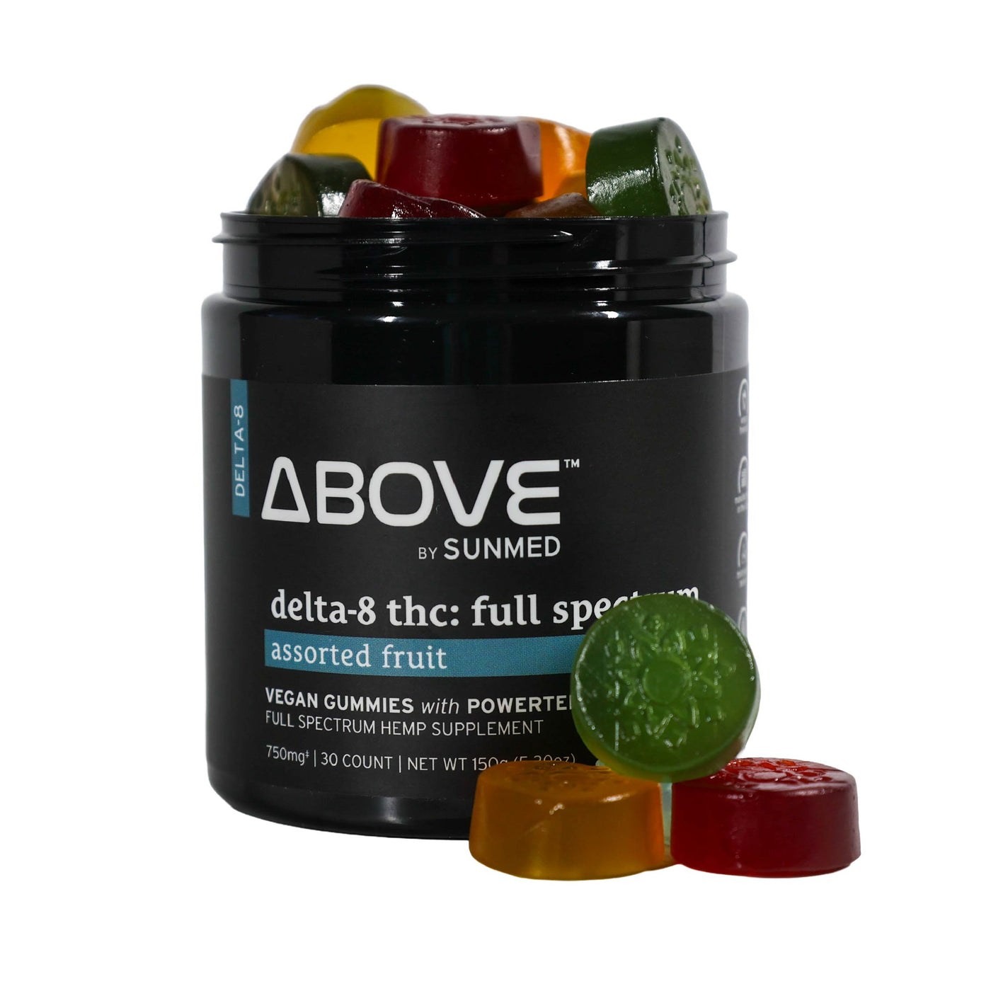 A black jar labeled "Sunmed CBD Above Delta-8 Full Spectrum Blend Gummies" with colorful fruit-shaped gummies spilling out.
