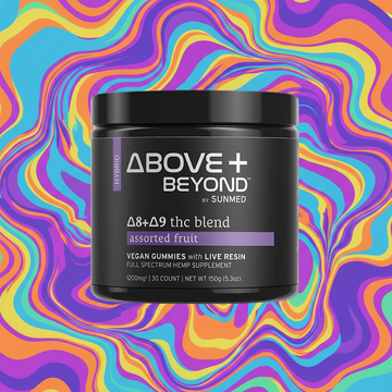 A jar of Sunmed CBD Above + Beyond Live Resin CBD Gummies sits on a colorful, wavy psychedelic background.