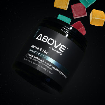 A jar of Sunmed CBD’s Above Delta-8 Full Spectrum Blend Gummies promises relaxation, with colorful gummies floating in the background.