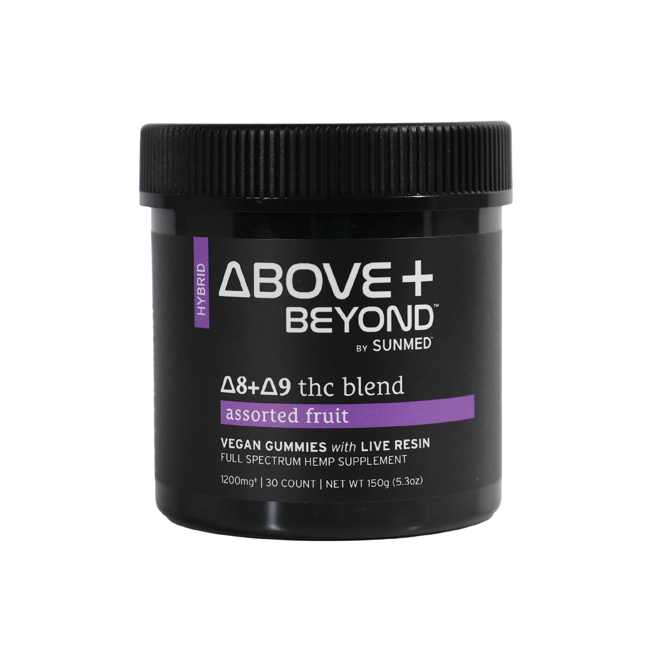 Black jar labeled "Above + Beyond Live Resin CBD Gummies" by Sunmed CBD, 30 count assorted fruit vegan gummies with live resin.