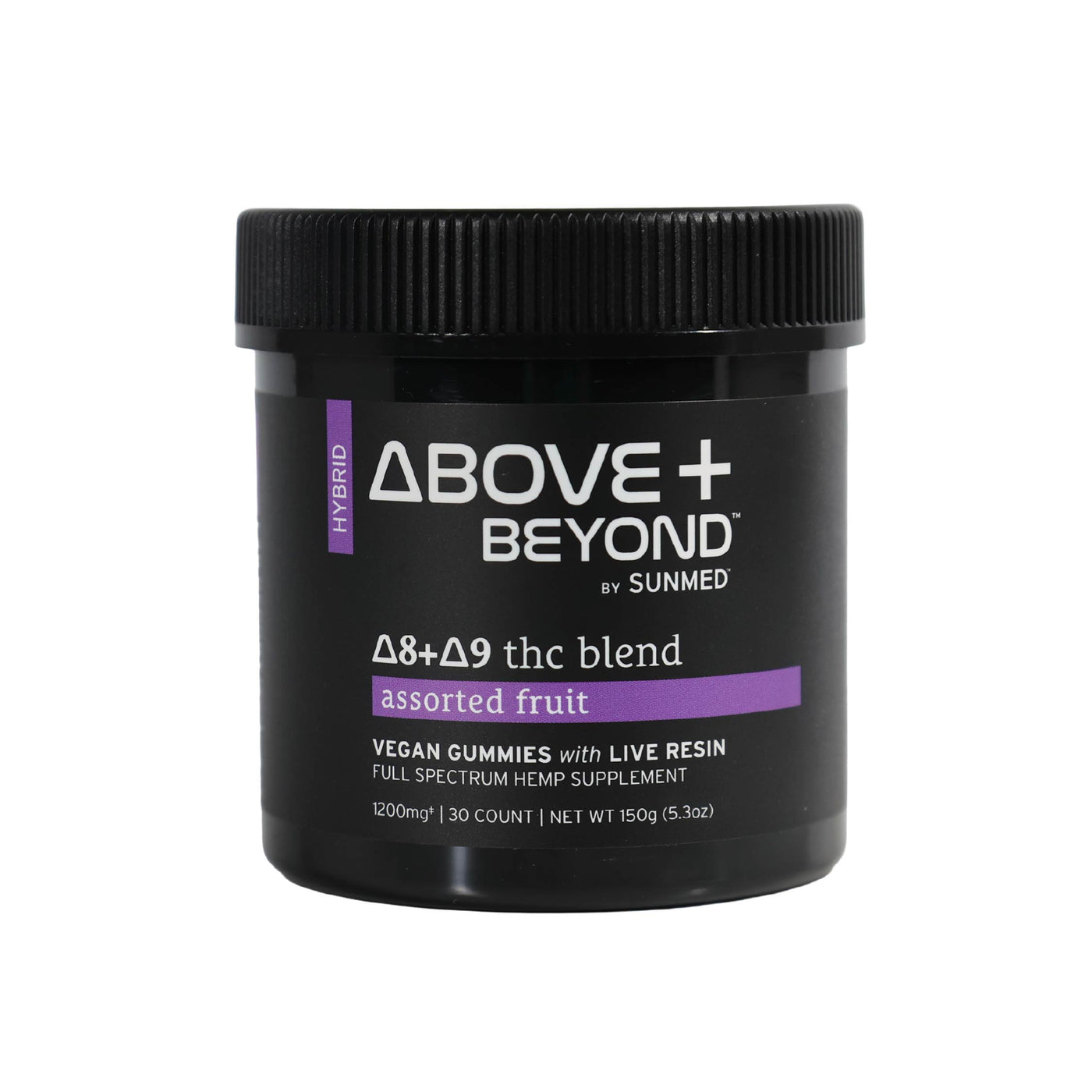 Black jar labeled "Above + Beyond Live Resin CBD Gummies" by Sunmed CBD, 30 count assorted fruit vegan gummies with live resin.