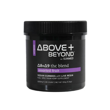 Black jar labeled "Above + Beyond Live Resin CBD Gummies" by Sunmed CBD, 30 count assorted fruit vegan gummies with live resin.