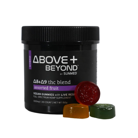 A jar of Sunmed CBD Above + Beyond Live Resin CBD Gummies with three colorful gummies beside it on a white background.