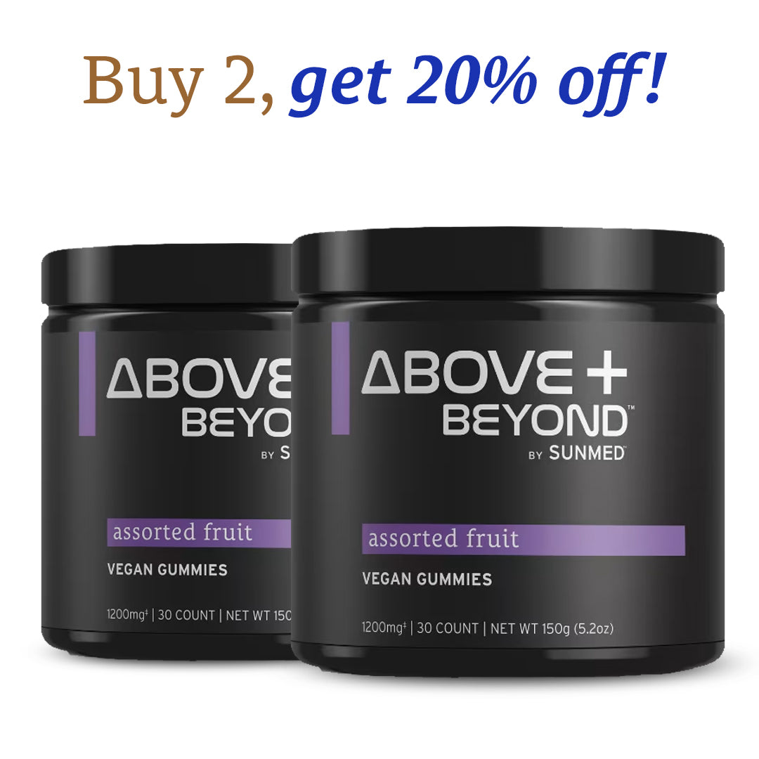 Two jars of Sunmed CBD Above+Beyond 30ct assorted fruit vegan gummies with “20% Off – 2-Pack!” text above.