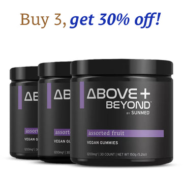 Grab the Sunmed CBD *30% Off* - Above+Beyond 30ct 3-Pack assorted fruit vegan gummies with a “Buy 3, get 30% off!” offer displayed above.
