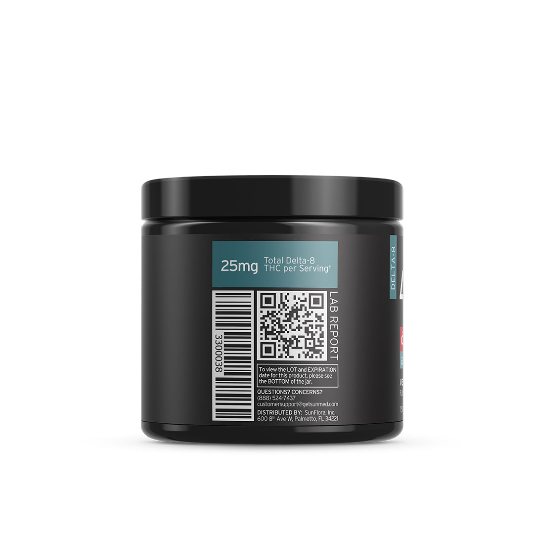 A black cylindrical container labeled with 25mg Total Delta-8 THC per serving, made from premium live resin extract. The label includes a QR code, bar code, and details about lab reports. The container design is simple and sleek with a black lid contains Sunmed CBD's Above Delta-8 Live Resin Gummies.