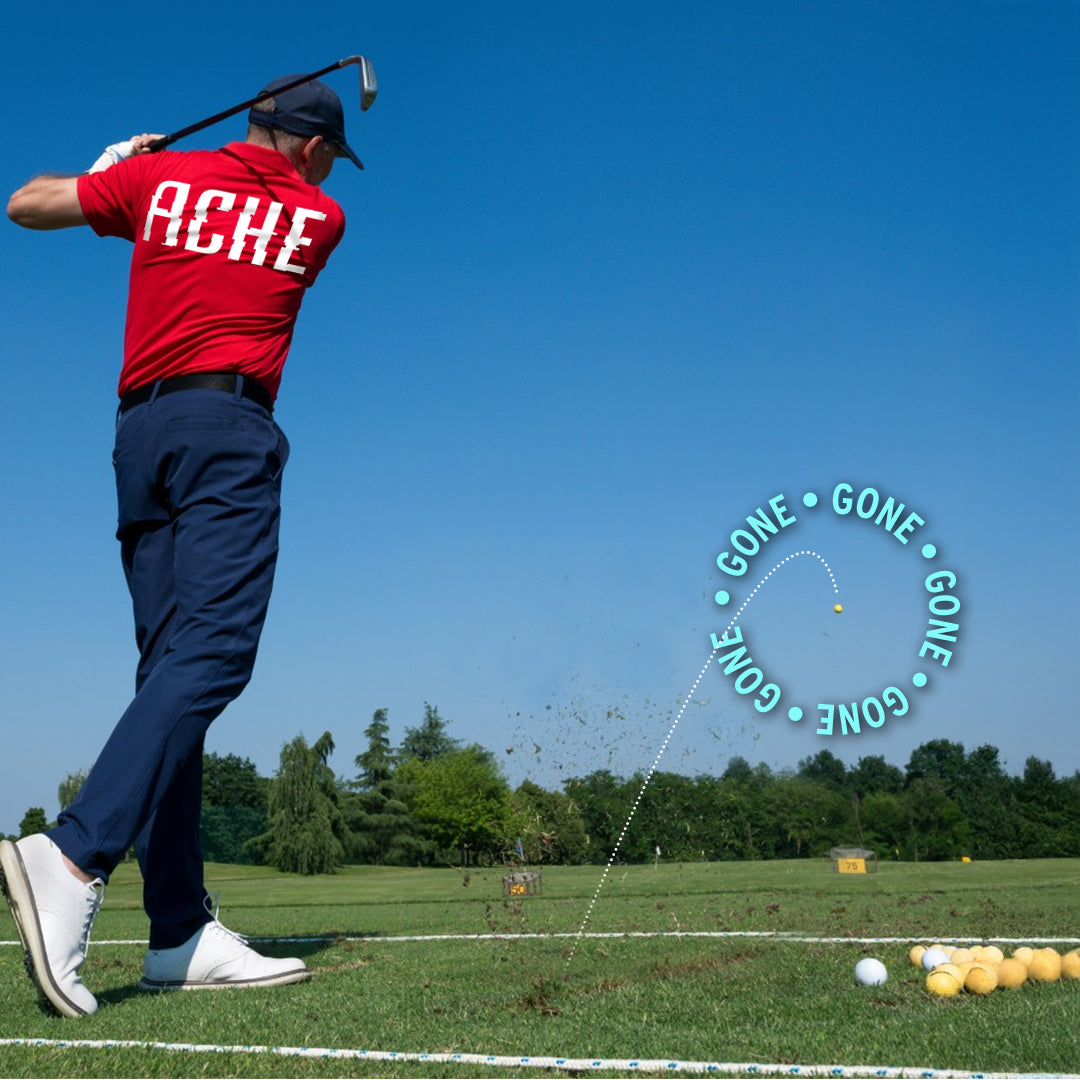 A golfer in a red shirt swings as a golf ball flies, “GONE” flashing along its path—just like the fast-acting relief of Sunmed CBD Full Spectrum Relief CBD Cream.