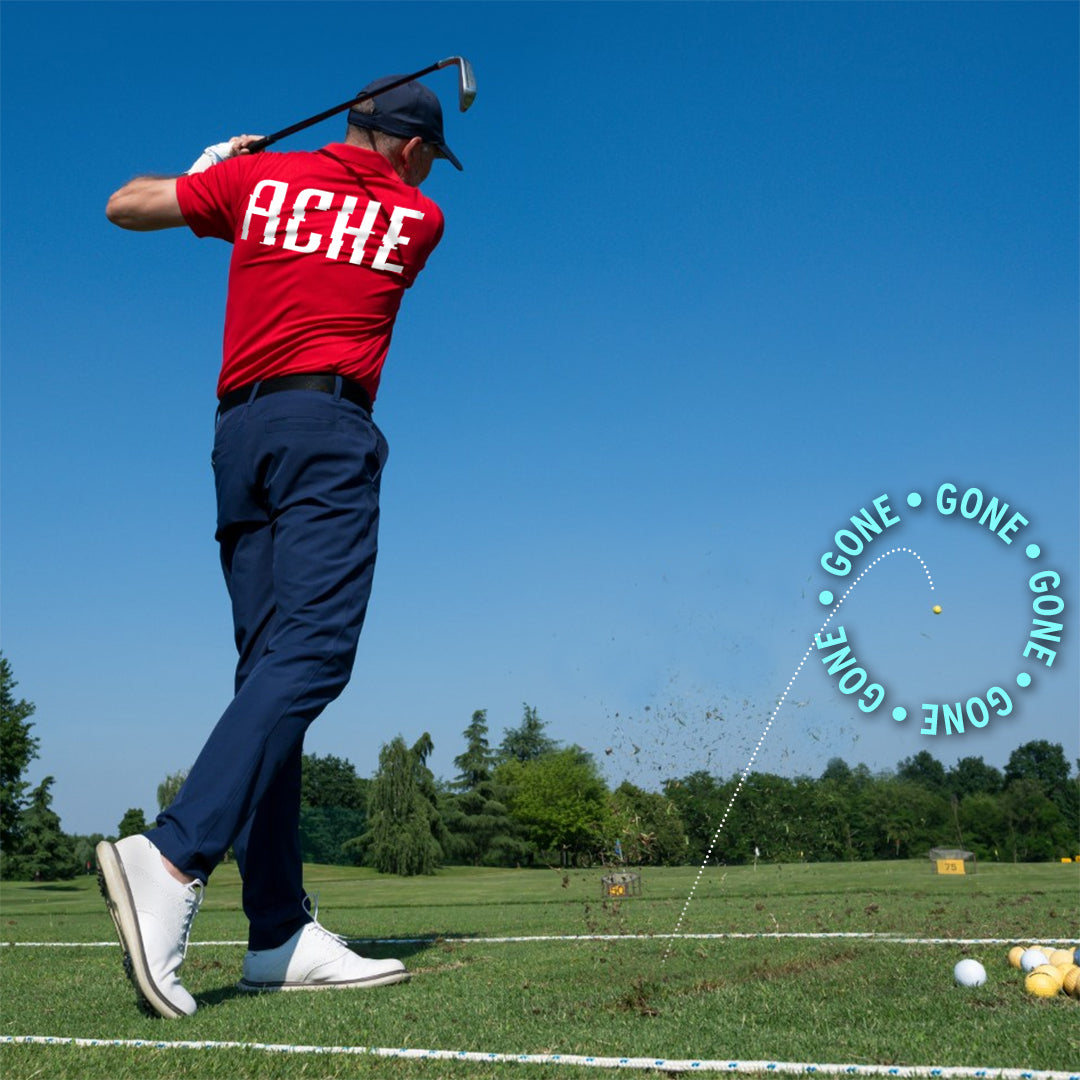 A golfer in a red shirt swings as the ball soars, "GONE" tracing its flight—reflecting the quick comfort you get from Sunmed CBD's Full Spectrum Relief CBD Cream.