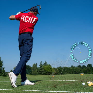A golfer in a red shirt swings as the ball soars, "GONE" tracing its flight—reflecting the quick comfort you get from Sunmed CBD&