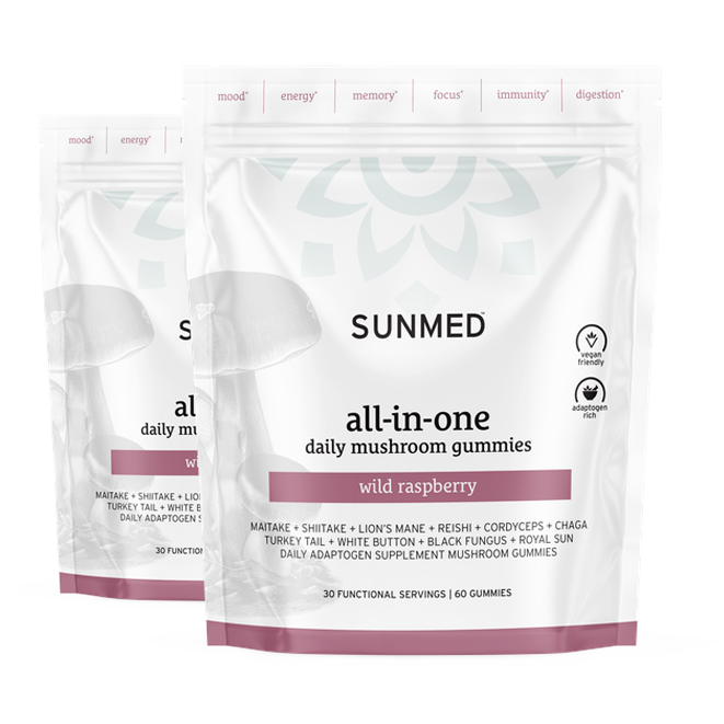 Two white pouches of Sunmed CBD *20% Off* - Mushroom Gummies 60ct 2-Pack, wild raspberry flavor, are shown side by side.