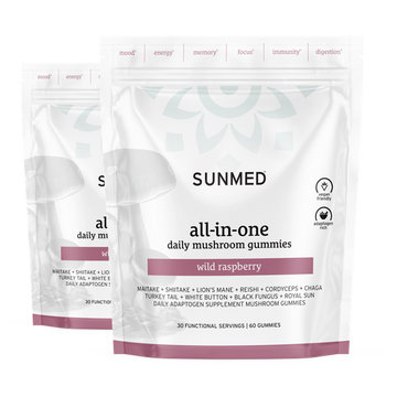 Two white pouches of Sunmed CBD *20% Off* - Mushroom Gummies 60ct 2-Pack, wild raspberry flavor, are shown side by side.