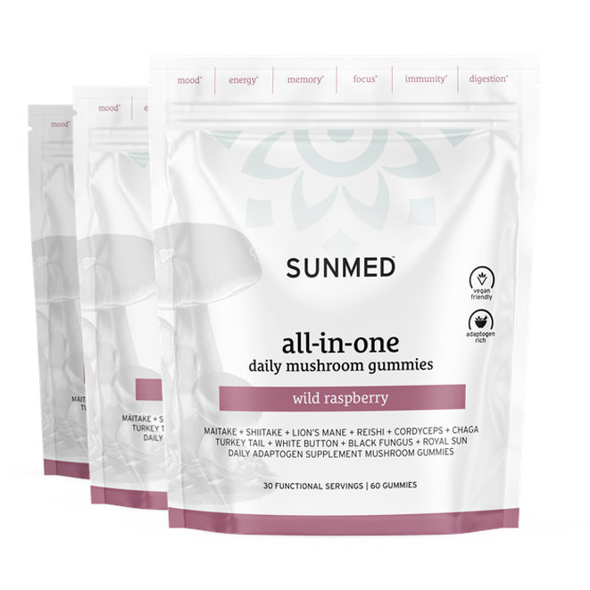 Three packs of Sunmed CBD *30% Off* Mushroom Gummies (60ct), featuring wild raspberry flavor and white packaging.