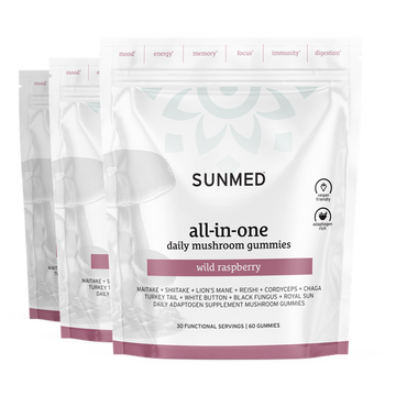 Three packs of Sunmed CBD *30% Off* Mushroom Gummies (60ct), featuring wild raspberry flavor and white packaging.