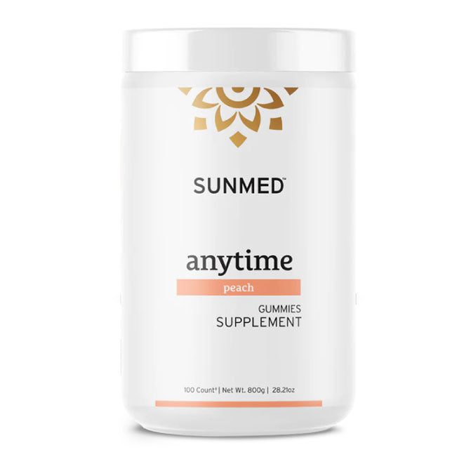 White container labeled “Sunmed CBD *15% Off* - Anytime Gummies 100ct,” 28.2 oz.