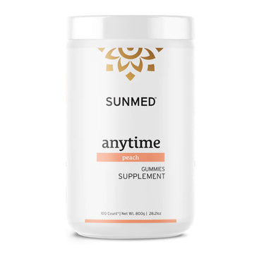 White container labeled “Sunmed CBD *15% Off* - Anytime Gummies 100ct,” 28.2 oz.