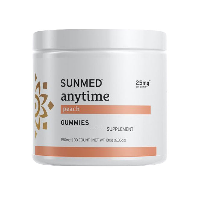 A white jar labeled “*15% Off* - Anytime Gummies 30ct” from Sunmed CBD, featuring orange accents and containing 30 gummies.