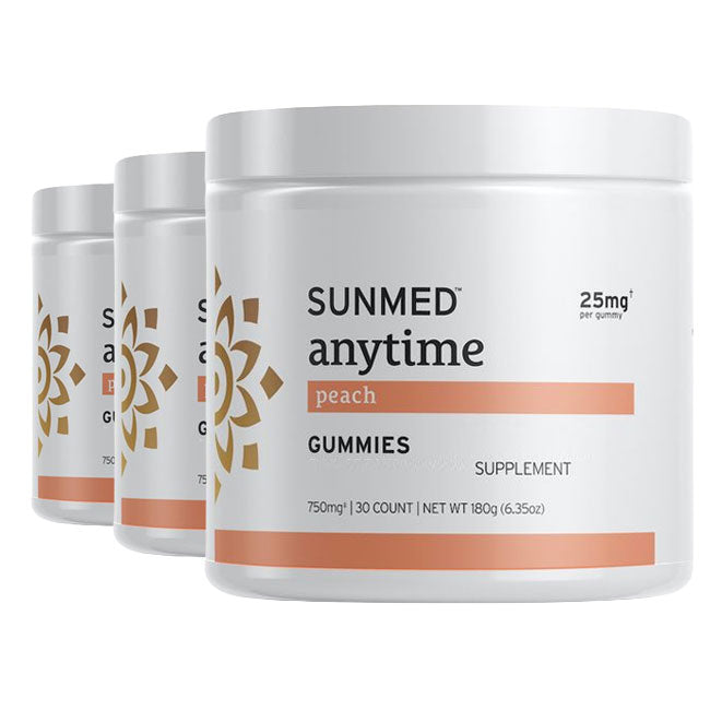 Three white jars of Sunmed CBD *30% Off* - Full Profile Anytime Gummies 30ct 3-Pack, labeled as a supplement with 25mg per gummy.