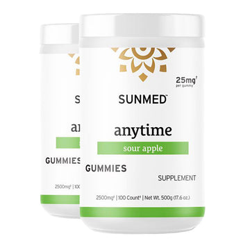 Two white bottles of Sunmed CBD *20% Off* - Anytime Gummies 100ct 2-Pack (Sour Apple, 2500mg), each with a green and gold label.